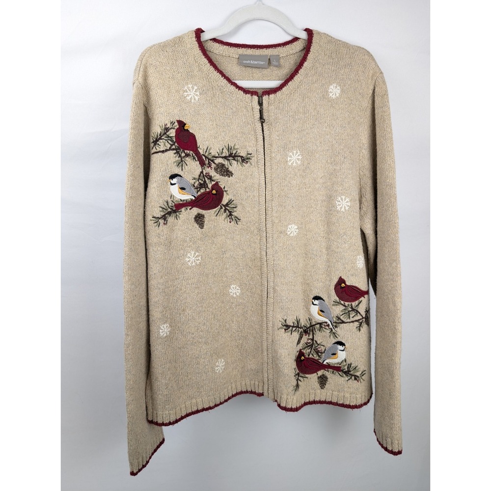 Vintage Y2K Bird Embroidered Zip Cardigan L Tan Cardinal Chickadee Cottagecore